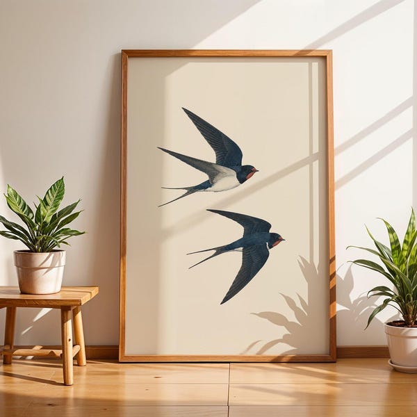 Flying Swallows Wall Art Print, Vintage Bird Illustration, Minimalist Nature Poster, Barn Artwork