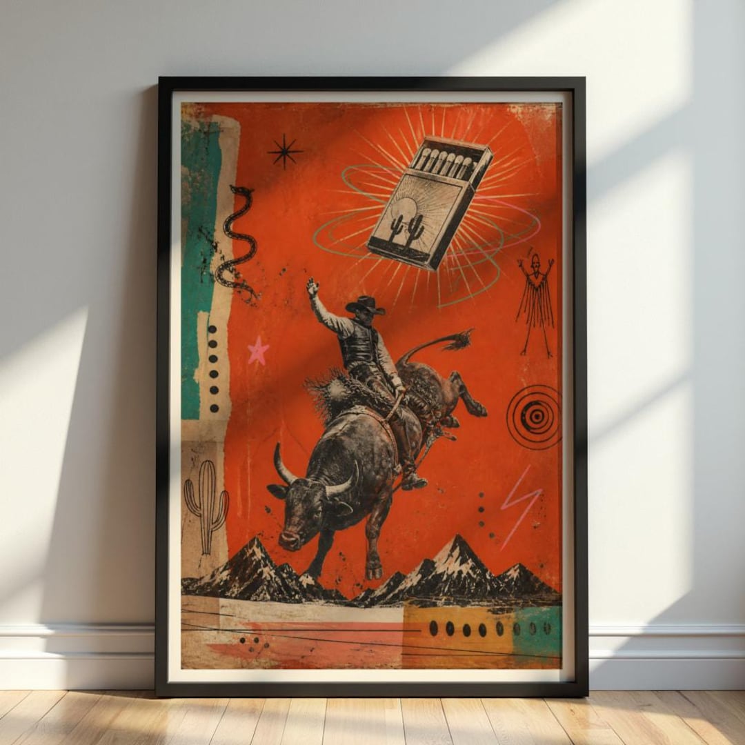 Cosmic Cowboy Bull Riding Wall Art Print, Retro Western Psychedelic ...