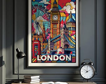 May include: A framed wall art print featuring a vibrant, multi-colored pop art illustration of London landmarks including Big Ben, the London Eye, and Tower Bridge, with the word LONDON printed in bold white capital letters at the bottom.