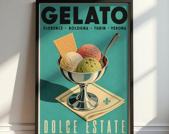 Vintage Gelato Poster Print, Italian Ice Cream Kitchen Wall Art, Retro Mediterranean Café Decor