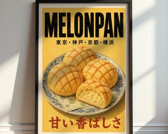 Melonpan Poster, Japanische Bäckerei Druck, Tokyo Food Art, Retro Japan Küche Dekor, Süßes Brot