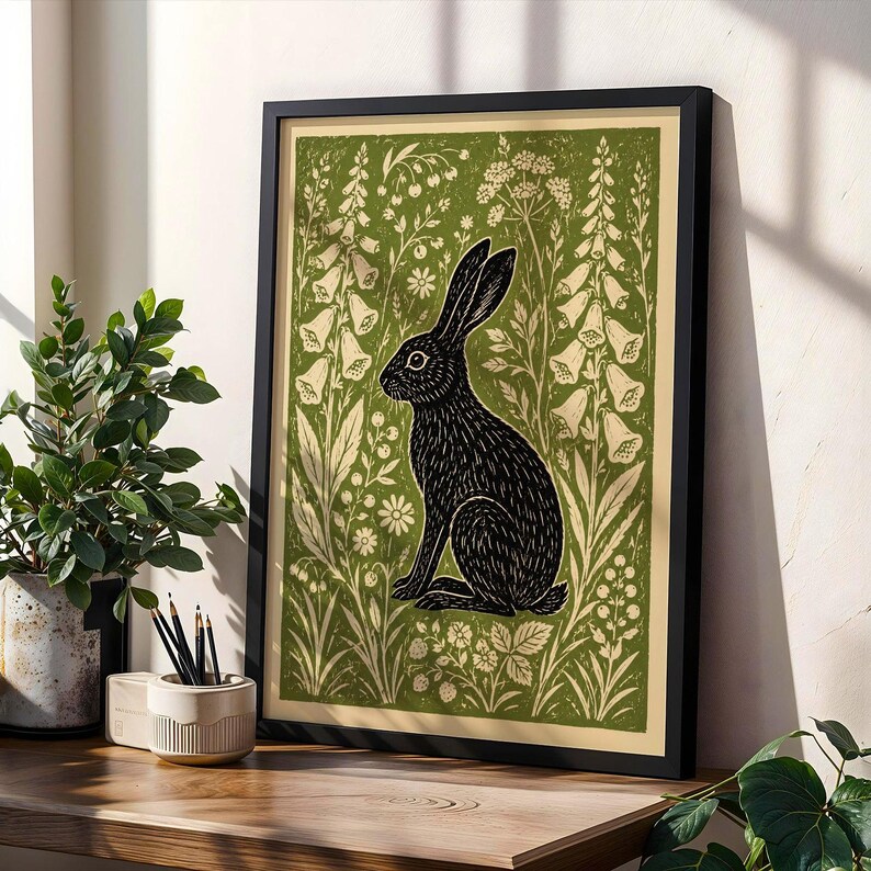 Hare Linocut Print, Woodland Rabbit Wall Art, Botanical Folk , Olive Green Decor image 4