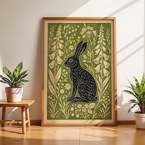 Hare Linocut Print, Woodland Rabbit Wall Art, Botanical Folk , Olive Green Decor image 3