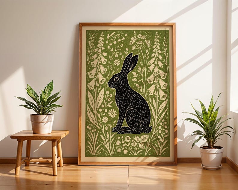 Hare Linocut Print, Woodland Rabbit Wall Art, Botanical Folk , Olive Green Decor image 3