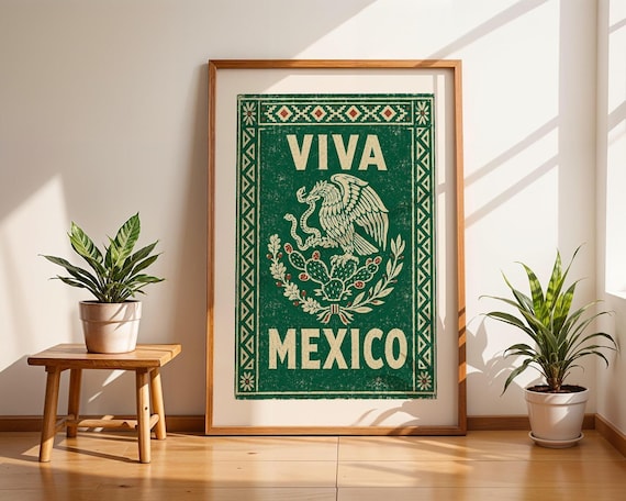Viva Mexico Poster, Vintage Mexican Eagle Wall Art Print in Talavera Style