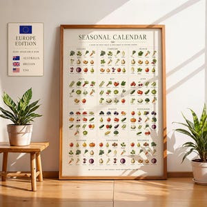 Può includere: Un poster con calendario stagionale incorniciato che presenta illustrazioni di frutta e verdura organizzate per mese, con un cartello più piccolo che elenca le edizioni Europa, Australia, Gran Bretagna e USA. Il poster mostra icone di prodotti.