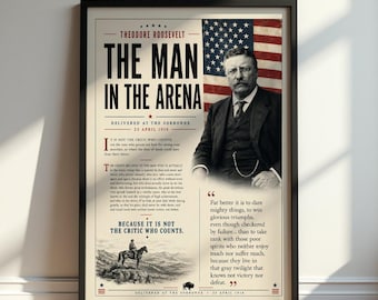 The Man in the Arena Poster, Theodore Roosevelt Wall Art, Inspirational Quote Print, Leadership Office Decor, Motivational Historical
