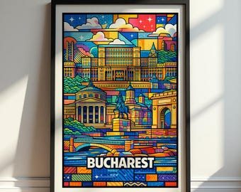 Bucharest Poster, Bucharest Travel Poster, Romania Wall Art Print, Bucharest Skyline Illustration, Bucharest City Art, Romania Decor