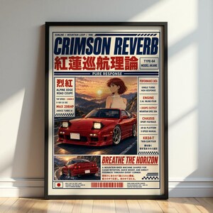 Könnte beinhalten: Gerahmtes Poster mit einem roten Sportwagen und dem Text "CRIMSON REVERB" zusammen mit japanischen Schriftzeichen. Das Poster enthält Leistungsdaten und den Satz "BREATHE THE HORIZON". Das Kunstwerk hat einen Vintage-Anime-Stil.