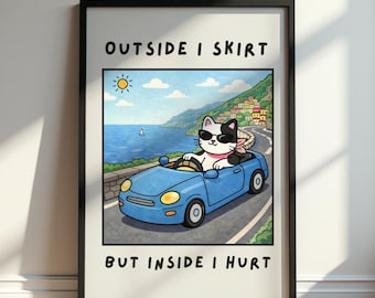 Funny Cat Poster, Outside I Skrrt But Inside I Hurt Print, Sad Humor Cat Wall Art, Funny Quote Poster, Relatable Meme Art