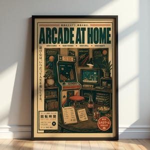 Op de afbeelding: Ingelijste poster in vintage-stijl met de tekst "ARCADE AT HOME". Het kunstwerk toont een retro arcadescène met een spelkast, een televisiescherm en diverse gaming-gerelateerde items. Het kleurenpalet omvat beige, bruin en rood.