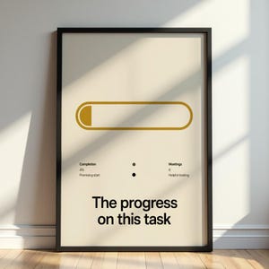 Op de afbeelding: Een ingelijste poster met een minimalistisch ontwerp. Het heeft een gouden voortgangsbalk, met de tekst "The progress on this task" in het zwart. Extra tekst geeft 4% voltooiing en 6 vergaderingen aan.