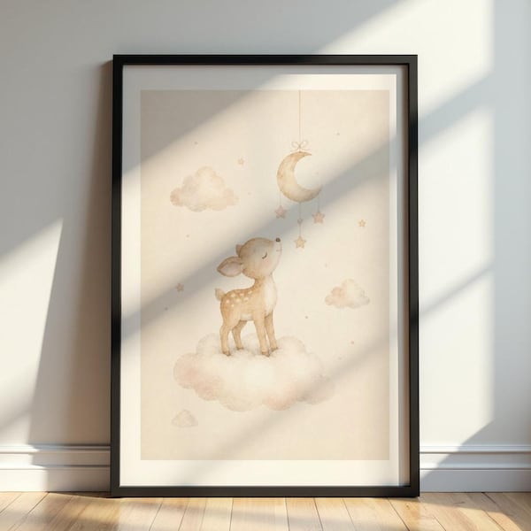 Lámina decorativa infantil con un adorable ciervo, póster de un cervatillo y la luna, decoración neutra para la habitación de los niños con temática de bosque, ilustración suave de animales celestiales.