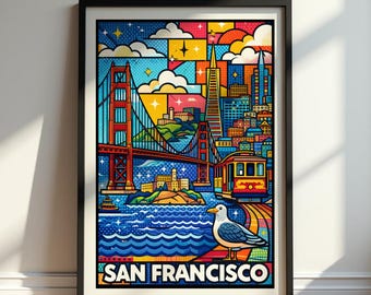 San Francisco Poster, San Francisco Travel Poster, California Wall Art Print, San Francisco Skyline Illustration, Golden Gate Bridge Art