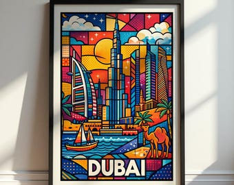 Dubai Poster, Dubai Travel Poster, Dubai Wall Art Print, Dubai Skyline Illustration, Dubai City Art, UAE Landmark Decor