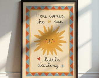 Here Comes The Sun Little Darling Nursery Wall Art Print, Sunny Boho Kids Room Decor, Cheerful Retro Sun Poster, Cute Nursery Decor