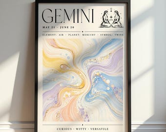 May include: Framed Gemini zodiac art print. The artwork features a swirling abstract design in shades of yellow, blue, and purple with gold accents. The text at the top reads "GEMINI" and includes the dates "MAY 21 - JUNE 20". The bottom text reads "CURIOUS • WITTY • VERSATILE".