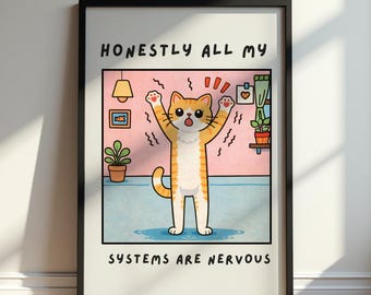 Funny Cat Poster, Honestly All My Systems Are Nervous Print, Anxious Cat Wall Art, Funny Quote Poster, Relatable Humor Decor