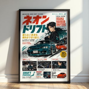 Könnte beinhalten: Gerahmtes Poster mit japanischem Text und Illustrationen. Das Poster zeigt einen tealfarbenen Sportwagen mit der Nummer 13-38 und eine Frau mit langen schwarzen Haaren. Die Worte "NEON DRIFT" sind prominent in Rot und Türkis dargestellt.