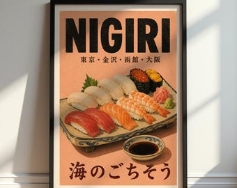 Nigiri Sushi Poster, Vintage Japanese Wall Art, Retro Food Print for Kitchen Decor