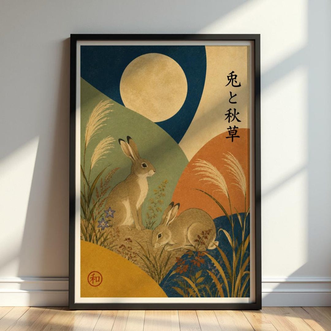 Japanese Moon Rabbit Red Vintage Rabbit Poster, Japanese Moon Wall Art, Japandi Nature Print - Etsy