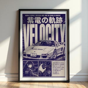 May include: A framed poster featuring a white sports car with the text VELOCITY and Japanese characters. Below, a panel shows a person, a car interior with a gear shifter, and Japanese text. The design uses a dark blue and white color palette.