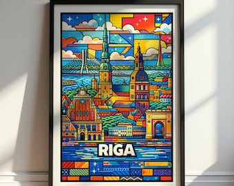 Riga Poster, Riga Travel Poster, Latvia Wall Art Print, Riga Skyline Illustration, Riga City Art, Latvia Landmark Decor