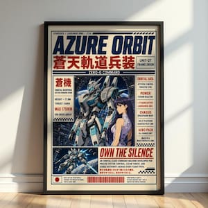 May include: Framed poster with a futuristic anime-style illustration. The poster has the text "AZURE ORBIT" and "OWN THE SILENCE". The image includes a robot and a woman with long hair. The poster is in a black frame.