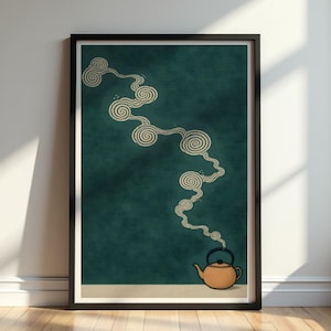 Könnte beinhalten: Gerahmter Kunstdruck mit einer orangefarbenen Teekanne, aus der cremefarbener Dampf in einem wirbelnden Muster aufsteigt, vor einem dunkelblauen Hintergrund. Das Kunstwerk ist in einem schwarzen Rahmen gefasst, ideal für Wohnzimmer oder Küche.