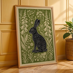 Hare Linocut Print, Woodland Rabbit Wall Art, Botanical Folk , Olive Green Decor image 6