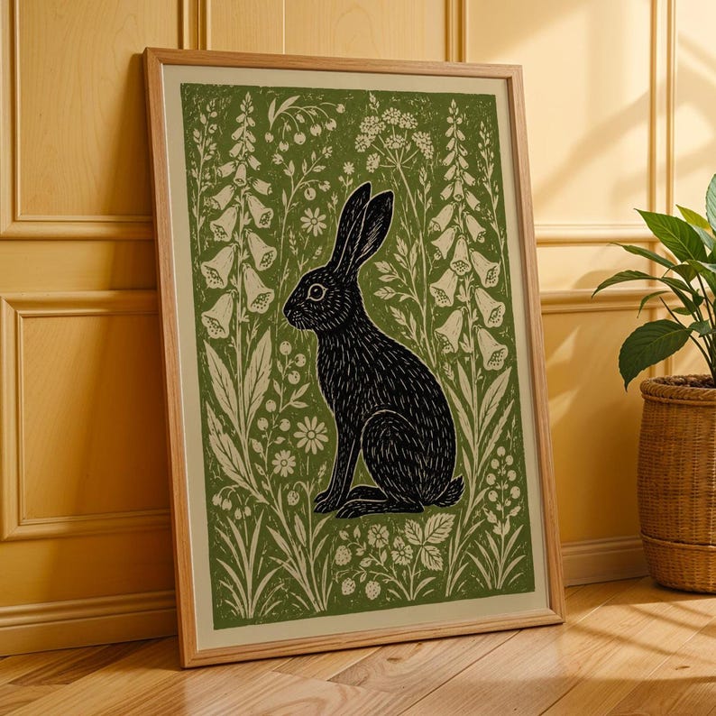 Hare Linocut Print, Woodland Rabbit Wall Art, Botanical Folk , Olive Green Decor image 6
