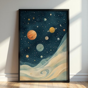 Vintage ruimtevaart muurdecoratie voor de kinderkamer, print van de planeten van het zonnestelsel - illustratie, turquoise en marineblauw