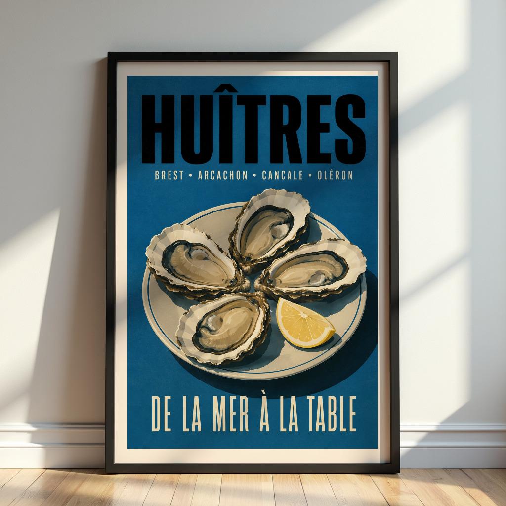 Vintage Huîtres Poster, French Oyster Kitchen Wall Art, Retro