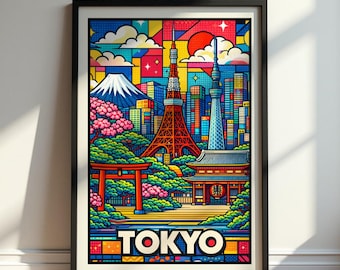 Tokyo Poster, Tokyo Travel Poster, Japan Wall Art Print, Tokyo Skyline Illustration, Tokyo City Art, Japan Landmark Decor
