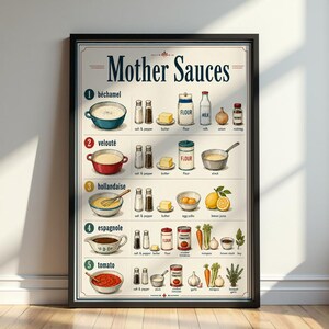 May include: A framed educational wall art print titled Mother Sauces, featuring five numbered sections illustrating the ingredients for béchamel, velouté, hollandaise, espagnole, and tomato sauces with detailed drawings of bowls, pans, and food items.