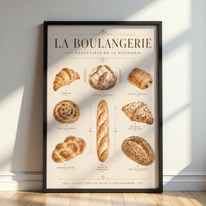 Può includere: Una stampa artistica incorniciata intitolata LA BOULANGERIE che presenta illustrazioni di otto prodotti da forno francesi, tra cui un croissant, pain de campagne, pain au chocolat, pain aux raisins, una baguette, un croissant alle mandorle e pane.