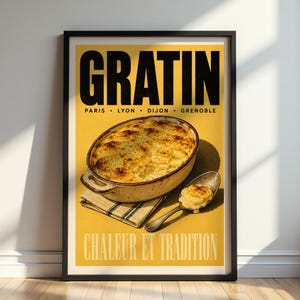 Vintage gratängposter, väggkonst med fransk potatis, retro kulinariskt kökstryck för lantlig mat och bistroinredning