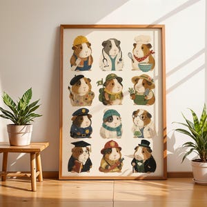 May include: A framed wall art print featuring a grid of twelve illustrations of guinea pigs dressed in various professional outfits, including a construction worker, doctor, chef, artist, scout, gardener, police officer, winter traveler, scientist, graduate, firefighter, and gentleman.