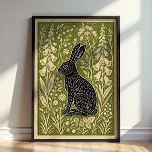 Hare Linocut Print, Woodland Rabbit Wall Art, Botanical Folk , Olive Green Decor image 1