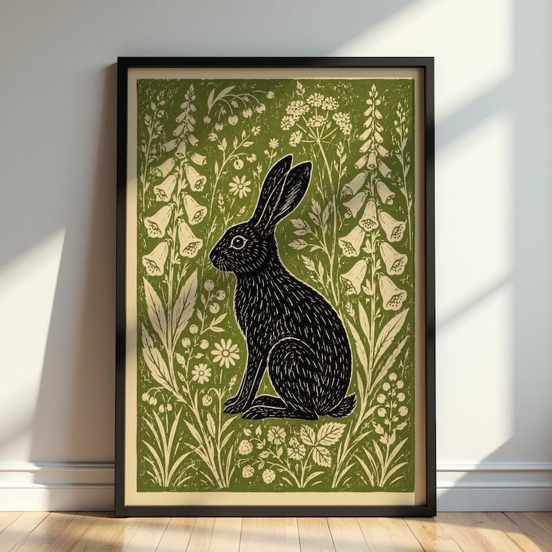 Hare Linocut Print, Woodland Rabbit Wall Art, Botanical Folk , Olive Green Decor image 1