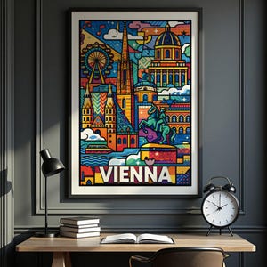 May include: A framed art print featuring a colorful illustration of Vienna, Austria. The artwork showcases iconic landmarks like a Ferris wheel, cathedral, and a statue, with the city's name boldly displayed. The print is displayed on a desk with a lamp and clock.