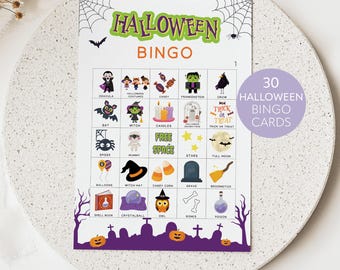May include: A Halloween Bingo game card featuring a grid of 25 colorful icons including Dracula, a witch, a mummy, and a spider. The header reads Halloween Bingo in green and orange text. A purple circular overlay states 30 Halloween Bingo Cards.