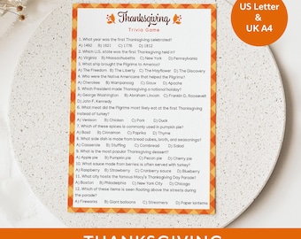 May include: Thanksgiving trivia game card with multiple-choice questions. The card has a festive orange border and features questions about the holiday's history, including the first Thanksgiving and the Macy's Day Parade. The text "Thanksgiving Trivia Game" is at the bottom.