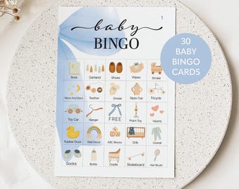 Blue bow Baby shower bingo game, Baby boy Bingo Game 30 cards Bingo Baby Shower Game, Prefilled baby bingo cards, Printable baby bingo