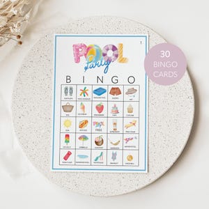 Bingo de verano para niños: tarjetas de bingo de verano para fiestas en la piscina, imprimible, descarga instantánea, actividad de cumpleaños de verano