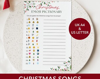 Puede incluir: Una hoja de juego de Navidad Emoji Pictionary blanca con un borde floral rojo y verde. La hoja incluye líneas numeradas para respuestas e indicaciones de emoji para adivinar canciones navideñas. El texto "Christmas Emoji Pictionary" está en la parte superior, y "Christmas Songs Emoji Pictionary" en la parte inferior.
