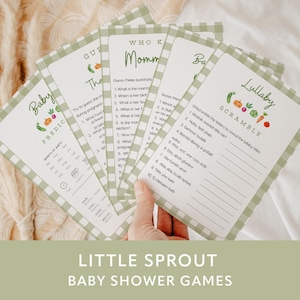 May include: A set of baby shower game cards with a green gingham border. The cards feature various games, including a prediction game, a quiz, and a lullaby scramble. The text "LITTLE SPROUT BABY SHOWER GAMES" is at the bottom.
