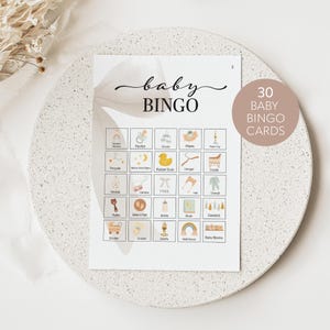 ニュートラルなベビーシャワービンゴゲーム、ベージュのベビービンゴゲーム、30枚のカードビンゴベビーシャワーゲーム、記入済みベビービンゴカード、印刷可能なベビービンゴ