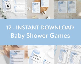 Blue Bow Baby Shower Game Bundle: 12 Printable Games (Instant Download)