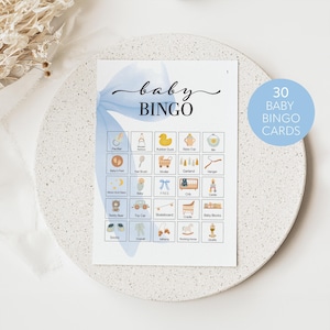 Juego de bingo para baby shower con lazo azul, juego de bingo para bebé niño, 30 tarjetas, juego de bingo para baby shower, tarjetas de bingo para bebé precargadas, bingo para bebé imprimible